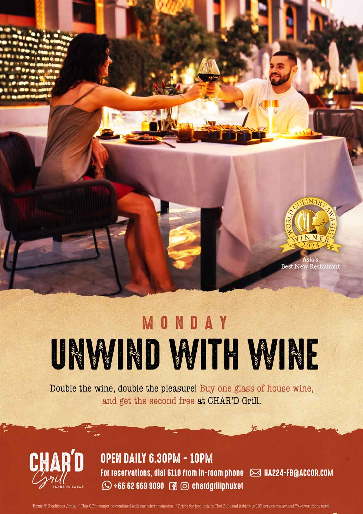 CHAR'D Monday Promotion - Unwind with Wine